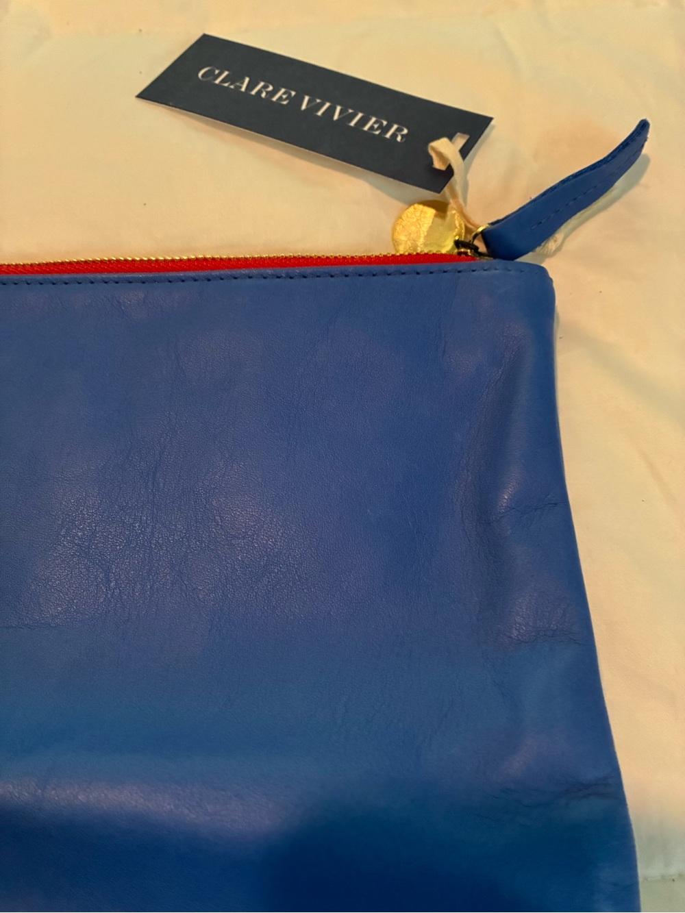 Clare V Blue Leather Pouch with Red Zipper